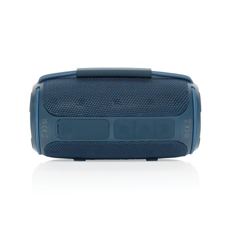 Enceinte cylindrique bleue vue de face avec boutons intégrés sur bande verticale