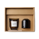 Coffret cadeau kraft contenant une bougie et un diffuseur, sans marquage.