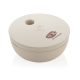 Humidificateur rond beige en ABS avec surface lisse et bouton, marquage visible sur le dessus.