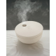 Diffuseur beige en fonctionnement, vapeur visible de face, sans marquage.