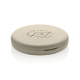Miroir rond beige fermé vu de trois quarts, marquage visible sur le dessus.