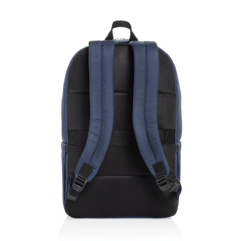 Sac à dos bleu marine vu de dos, avec bretelles et panneau dorsal rembourrés, sans marquage.