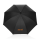 Parapluie noir ouvert avec poignée droite vu de face, marquage visible sur un pan.