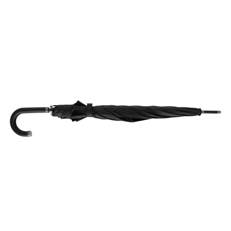 Parapluie noir replié avec poignée courbée vu de côté, sans personnalisation.