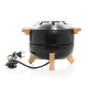 Set à fondue électrique noir et inox vu de côté avec câble d’alimentation branché, sans marquage.