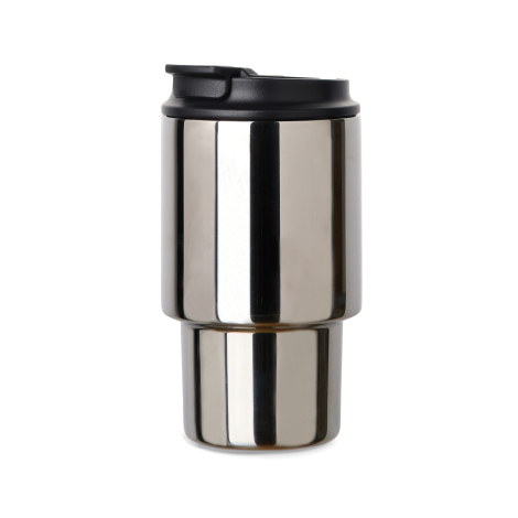 Tasse inox brillante avec couvercle noir, vue de face sur fond uni, sans personnalisation