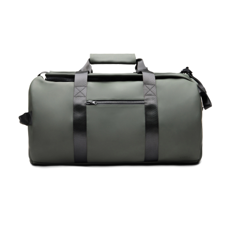 Sac de voyage vert foncé avec anses noires et poche zippée centrale, sans marquage visible.