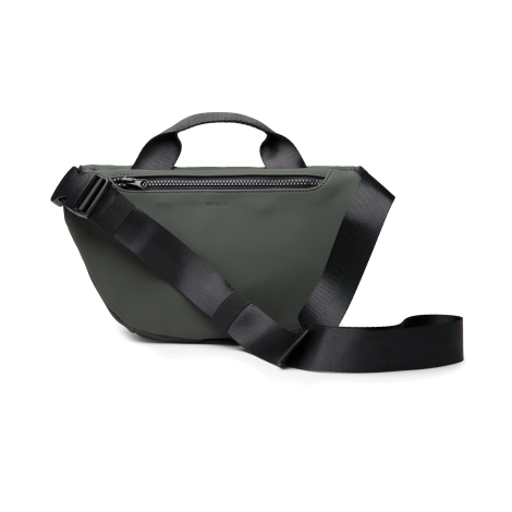 Sac bandoulière vert foncé vu de dos avec poignée et fermeture zippée horizontale, sans marquage visible.