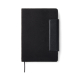 Carnet de notes noir avec couverture rigide texturée et rabat latéral contrastant, sans marquage visible.