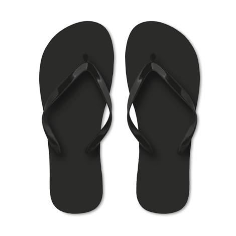 Paire de tongs noires en plastique photographiée de dessus, sans marquage.