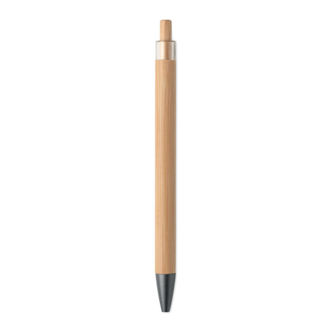 Stylo en bambou vu de dos avec embout foncé et bouton poussoir, sans marquage.