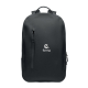 Sac à dos noir en textile vu de face avec poignée supérieure et poche verticale zippée, marquage visible sur la poche avant.