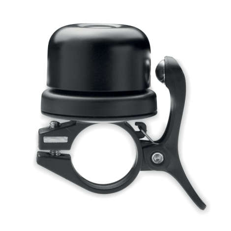 Sonnette de vélo noire en métal vue de profil avec levier et fixation vissée, sans marquage.