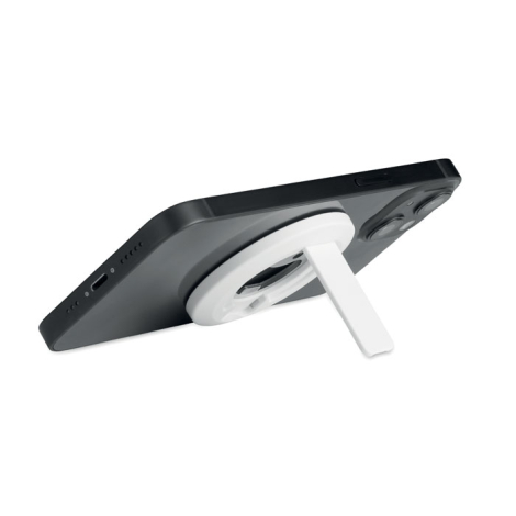 Support téléphone rond blanc fixé au dos d’un smartphone horizontal, sans marquage.