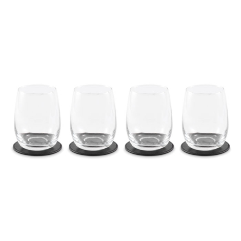 Quatre sous-verres en PU noir sous des verres transparents, sans personnalisation.