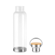Bouteille translucide à côté de son bouchon inox-bambou avec anse, vue droite
