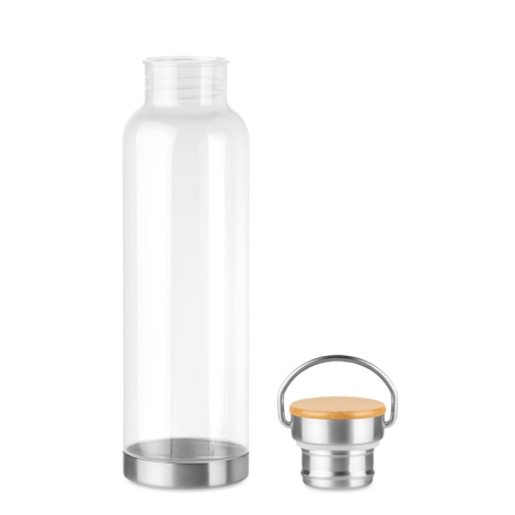 Bouteille translucide à côté de son bouchon inox-bambou avec anse, vue droite