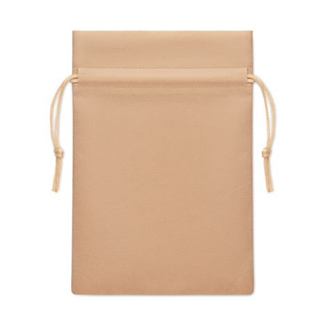 Pochette cadeau en RPET beige clair avec cordons ouverts, sans marquage.