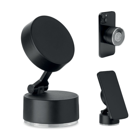 Support magnétique noir présenté sous plusieurs angles avec base cylindrique et tête ronde inclinée, sans marquage.