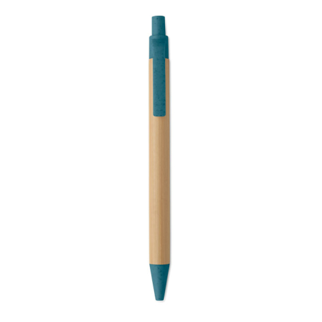 Stylo à bille en bambou clair avec clip, embout et poussoir bleus, sans marquage visible.