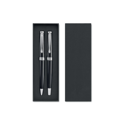 Coffret rectangulaire noir ouvert avec deux stylos noirs argentés, sans personnalisation.