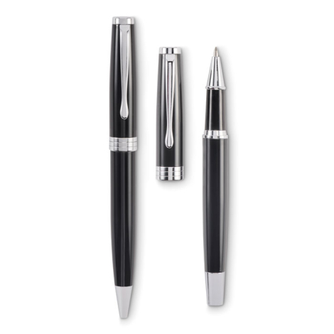 Stylo noir avec capuchon argenté retiré et embout argenté visible, sans marquage.