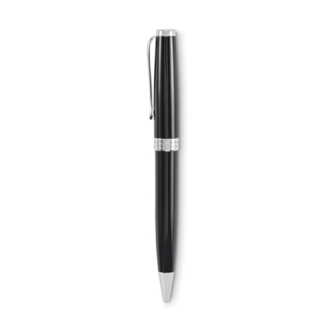 Stylo bille noir à mécanisme twist avec bague argentée et clip métallique, sans marquage.