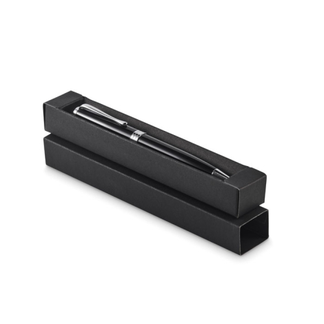 Stylo noir avec détails argentés présenté incliné dans une boîte ouverte, sans personnalisation.
