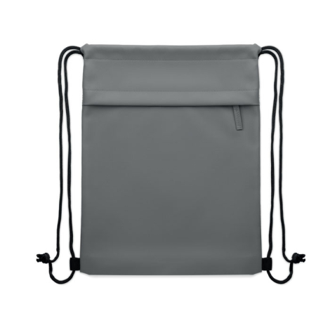 Sac à cordon gris en polyester recyclé vu de dos avec cordons noirs, sans marquage.