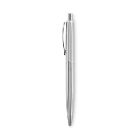 Stylo bille argenté avec clip métallique, présenté de face, sans marquage.