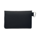 Pochette noire en polyester recyclé vue de dos avec mousqueton métallique, sans marquage.