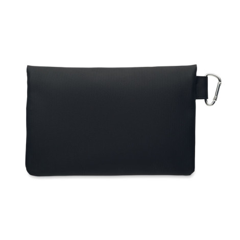 Pochette noire en polyester recyclé vue de dos avec mousqueton métallique, sans marquage.