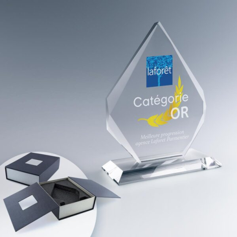 Trophée en verre géométrique sur socle rectangulaire, vue de face, marquage visible sur la face avant