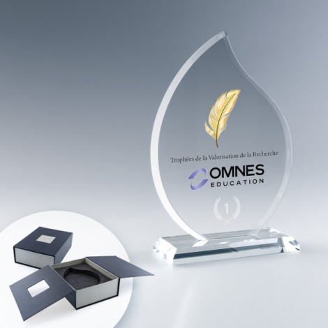 Trophée en verre forme flamme sur socle rectangulaire, vue de face, marquage visible sur la face avant