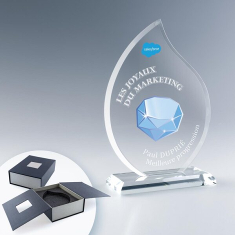 Trophée en verre forme flamme sur socle rectangulaire, vue de face, marquage visible sur la face avant