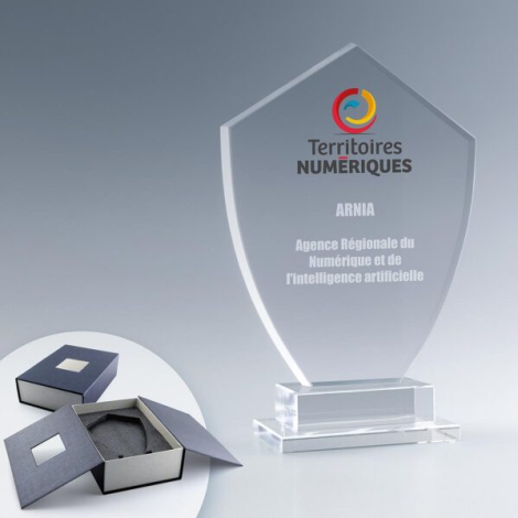 Deuxième visuel du trophée bouclier sur socle, face avant visible