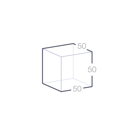 Schéma technique d’un cube en verre transparent, 50 mm de côté