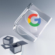 Cube en verre à pan coupé incliné avec marquage visible avec logo Google