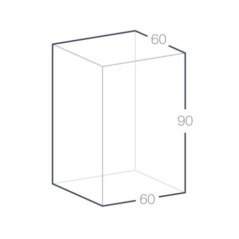 Schéma technique d’un bloc rectangulaire en verre, 60 × 90 × 60 mm