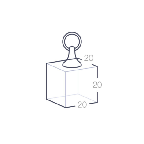 Schéma technique d’un porte-clés cube en verre transparent, dimensions 20 × 20 × 20 mm