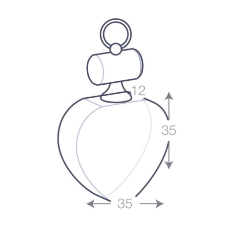 Schéma technique d’un porte-clés cœur en verre transparent avec anneau, dimensions 35 × 35 × 12 mm.