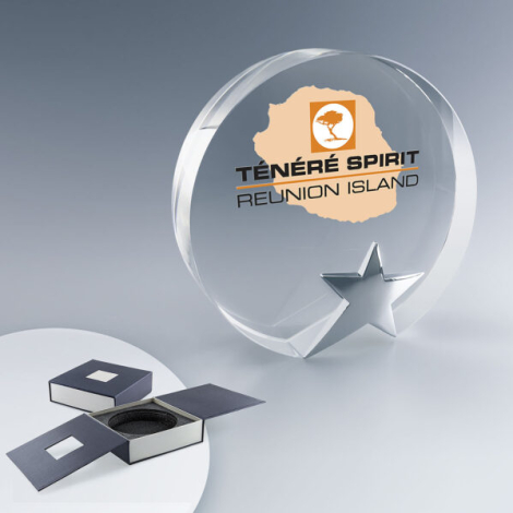 Trophée publicitaire en verre rond personnalisable