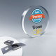 Trophée rond en verre avec base, en coffret rigide, marquage visible sur la face avant