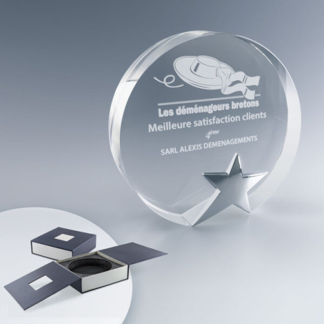 Trophée rond en verre avec base, en coffret rigide, marquage couleur visible sur la face avant