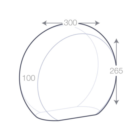 Schéma technique d’un grand trophée rond en verre, dimensions 300 × 265 × 100 mm.