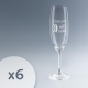 Flûte à champagne en verre présentée seule, marquage visible sur la face avant.