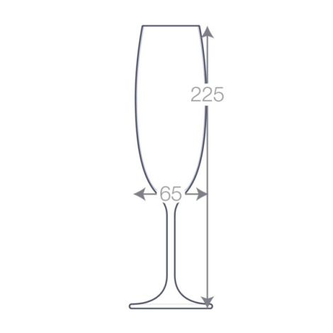 Schéma technique d’une flûte à champagne en verre, 225 × 65 mm.
