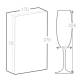 Coffret de deux flûtes à champagne en verre, schéma technique, 270 × 170 × 75 mm (coffret) et 225 × 65 mm (flûtes).
