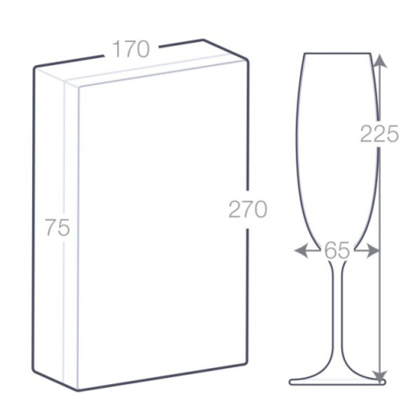 Coffret de deux flûtes à champagne en verre, schéma technique, 270 × 170 × 75 mm (coffret) et 225 × 65 mm (flûtes).
