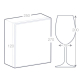 Coffret de deux verres à vin en verre, schéma technique, 270 × 250 × 120 mm (coffret) et 200 × 78 mm (verres).
